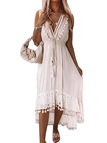Onsoyours Damen Ärmellos V-Ausschnitt Retro Sommer Spitzen Strandkleid Maxi Kleider Boho Lang Lose Sommerkleid Elegant Casual A-Linie Kleid X Weiß XS von Onsoyours