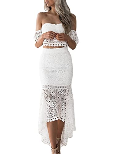 Onsoyours Damen Ärmellos V-Ausschnitt Retro Spitzen Strandkleid Maxi Kleider Lang Lose Sommerkleid Elegant Casual A-Linie Kleid L Weiß XS von Onsoyours