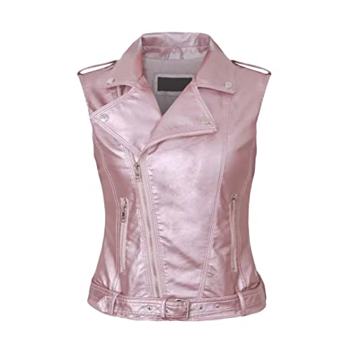 Onsoyours Damen Ärmellose PU Jacke Lederweste Biker Weste Ärmellose Lederjacke Vintage Weste mit Reißverschluss Tank Top Oberteile Sommer Herbst Kurze Gilet A Rosa M von Onsoyours