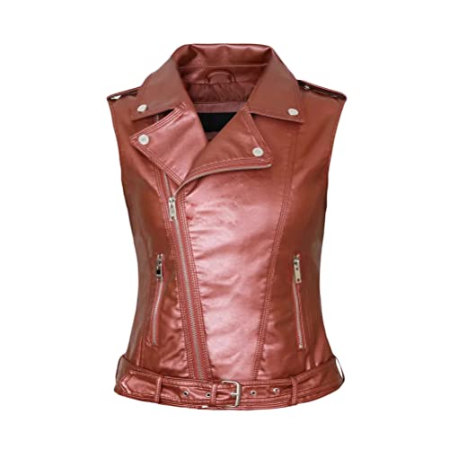 Onsoyours Damen Ärmellose PU Jacke Lederweste Biker Weste Ärmellose Lederjacke Vintage Weste mit Reißverschluss Tank Top Oberteile Sommer Herbst Kurze Gilet A Rot M von Onsoyours