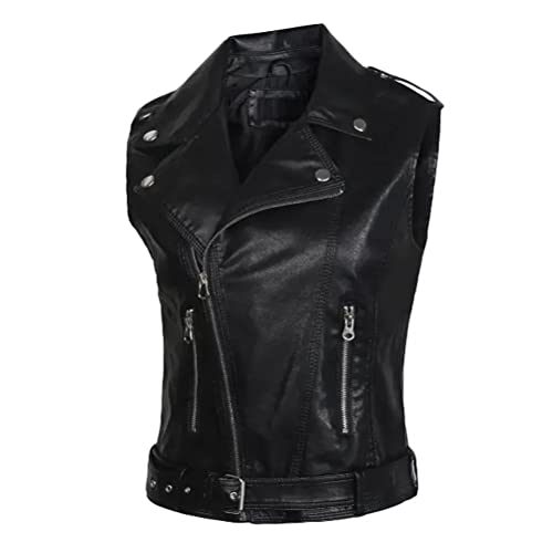 Onsoyours Damen Ärmellose PU Jacke Lederweste Biker Weste Ärmellose Lederjacke Vintage Weste mit Reißverschluss Tank Top Oberteile Sommer Herbst Kurze Gilet A Schwarz 3XL von Onsoyours