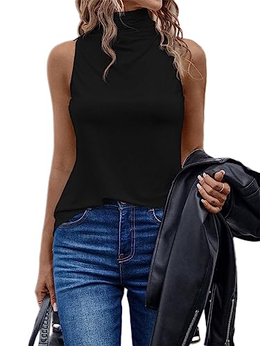 Onsoyours Damen Ärmelloses Weste Tank Top Solide Farbe Bottoming Shirt Hohen Hals Sexy Bluse Blusenshirt Frühling Sommer A Schwarz M von Onsoyours