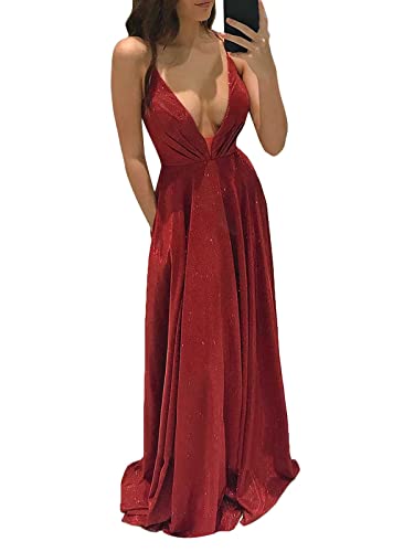 Onsoyours Damen Abendkleid Cocktailkleid Rückenfrei Partykleid Sexy Elegant Sommerkleid Spaghettiträger Maxikleid Tief V-Ausschnitt Cami Kleider mit Schlitz D Rot S von Onsoyours