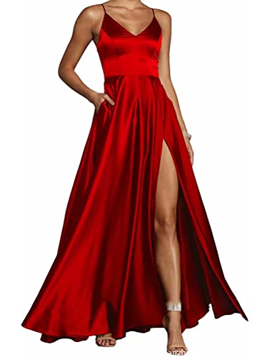 Onsoyours Damen Abendkleid Spaghettiträger Rückenfreies V-Ausschnitt Schlitz Elegante Maxikleid Abendkleid Fliederfarben Ballkleid Abendkleid A Rot XS von Onsoyours