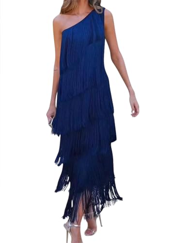 Onsoyours Damen Abendklied Cocktailkleid Damen Abschlussball Flapper Kleider Pailletten Fransen Quaste Kleid Ärmellos Formal Cocktail Gala Kleid A Blau XS von Onsoyours
