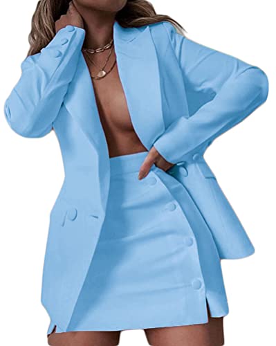 Onsoyours Damen Anzugjacke Zweiteiler Elegant Anzug Set Freizeitjacke Kurz Zweireiher Blazer Jacke Reverskragen Business Anzug Set A Blau L von Onsoyours