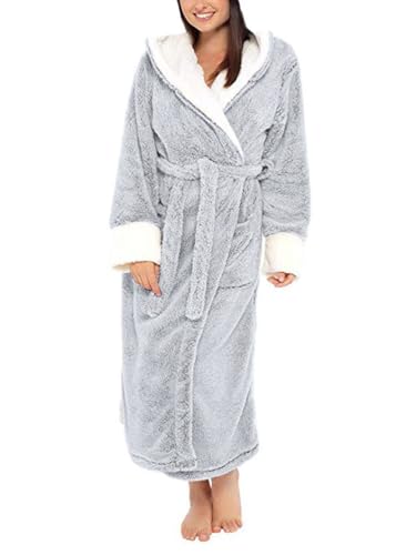 Onsoyours Damen Bademantel Morgenmantel Mit Kapuze Fleece Warm Weich Flauschiger Morgenmantel Saunamantel mit Kapuze B Grau 44 von Onsoyours