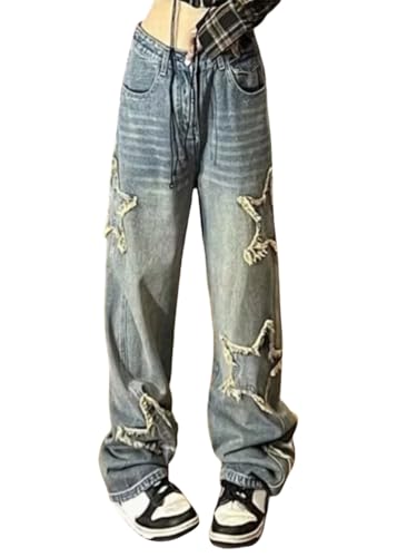 Onsoyours Damen Baggy Jeans Y2K High Waist Straight Leg Denim Hose Hiphop Koreanische Harajuku Boyfriend Jeanshosen Casual Locker Hosen A1 Blau L von Onsoyours