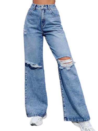 Onsoyours Baggy Jeans Damen High Waist Jeanshosen Weites Bein Stretch Hosen C Dunkelblau M von Onsoyours