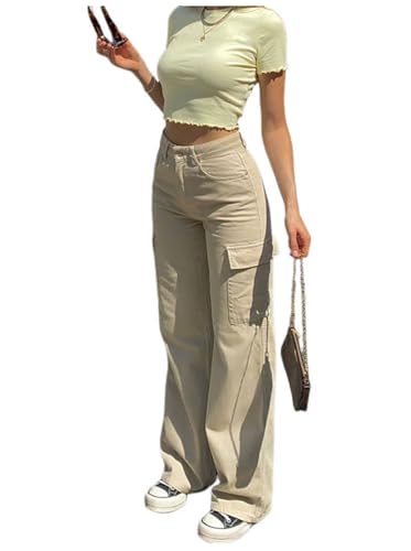 Onsoyours Damen Baggy Jeans Y2K High Waist Vintage Jeanshose mit Tasche Gerade Breites Bein Cargo Pants Fashion Denim Hosen E-Girl Streetwear für Frauen Mädchen A Aprikose S von Onsoyours