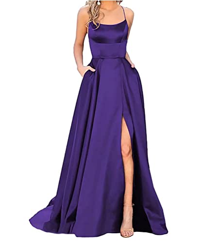 Onsoyours Damen Ballkleider Off Shoulder Kleider Lang Elegant Hochzeit A-Linie Criss-Cross Satin Spaghetti Party Prom Dress Abendkleider Schlitz Brautkleid Festkleider mit Taschen B Dark Purple M von Onsoyours