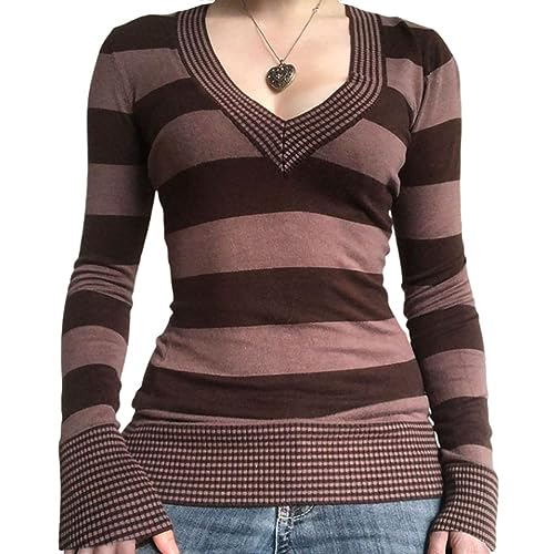 Onsoyours Damen Basic Y2K Langarmshirt Oberteile Aesthetic Slim Fit Pullover Sexy Elegante Langarm Crop Tops für Teenager Mädchen A Kaffee XS von Onsoyours