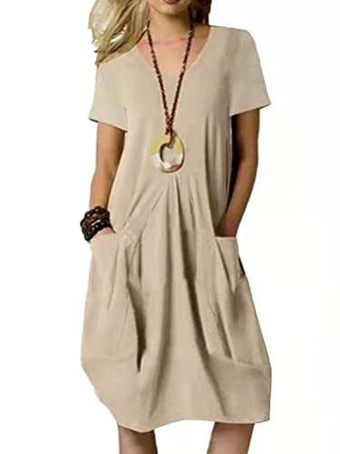 Onsoyours Damen Baumwolle Kleider Sommer Maxi Tunika Kleid Lang Sommerkleid Elegant Einfarbig Strandkleid Boho Casual Lose Swing Lässig Kleid Kurzarm Rundhals Kleider mit Taschen A Khaki L von Onsoyours