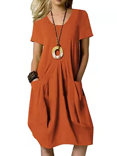 Onsoyours Damen Baumwolle Kleider Sommer Maxi Tunika Kleid Lang Sommerkleid Elegant Einfarbig Strandkleid Boho Casual Lose Swing Lässig Kleid Kurzarm Rundhals Kleider mit Taschen A Orange M von Onsoyours