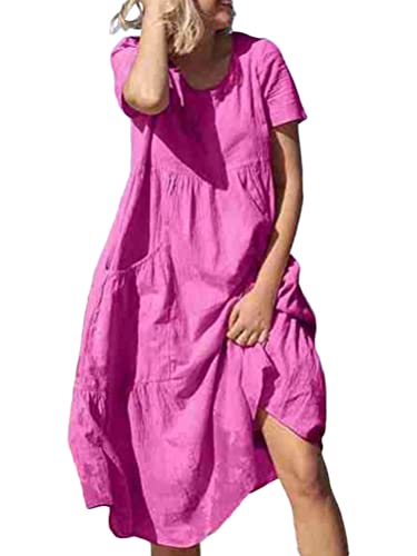 Onsoyours Damen Baumwolle Kleider Sommer Maxi Tunika Kleid Lang Sommerkleid Elegant Einfarbig Strandkleid Boho Casual Lose Swing Lässig Kleid Kurzarm Rundhals Kleider mit Taschen B Rose M von Onsoyours