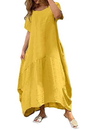 Onsoyours Damen Baumwolle Kleider Sommer Maxi Tunika Kleid Lang Sommerkleid Elegant Einfarbig Strandkleid Boho Casual Lose Swing Lässig Kleid Kurzarm Rundhals Kleider mit Taschen C Gelb 3XL von Onsoyours