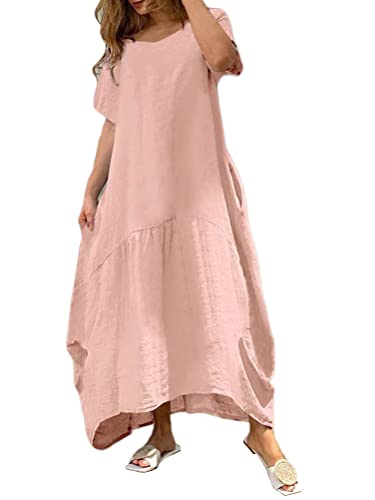 Onsoyours Damen Baumwolle Kleider Sommer Maxi Tunika Kleid Lang Sommerkleid Elegant Einfarbig Strandkleid Boho Casual Lose Swing Lässig Kleid Kurzarm Rundhals Kleider mit Taschen C Rosa 3XL von Onsoyours