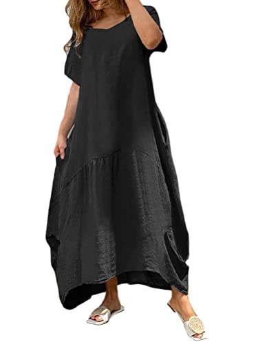 Onsoyours Damen Baumwolle Kleider Sommer Maxi Tunika Kleid Lang Sommerkleid Elegant Einfarbig Strandkleid Boho Casual Lose Swing Lässig Kleid Kurzarm Rundhals Kleider mit Taschen C Schwarz 3XL von Onsoyours
