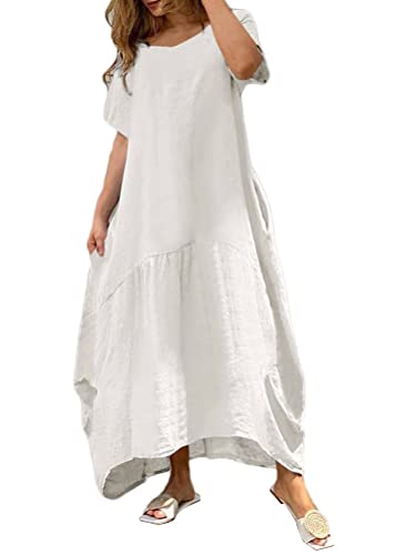 Onsoyours Damen Baumwolle Kleider Sommer Maxi Tunika Kleid Lang Sommerkleid Elegant Einfarbig Strandkleid Boho Casual Lose Swing Lässig Kleid Kurzarm Rundhals Kleider mit Taschen C Weiß M von Onsoyours