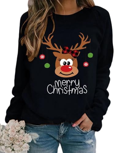 Onsoyours Damen Baumwolle Langarm Pullover Rudolph Rentier Elfe Shirt Weihnachtspullover Kapuzenpullover Weihnachts Xmas Pulli weatshirt Schwarz XL von Onsoyours