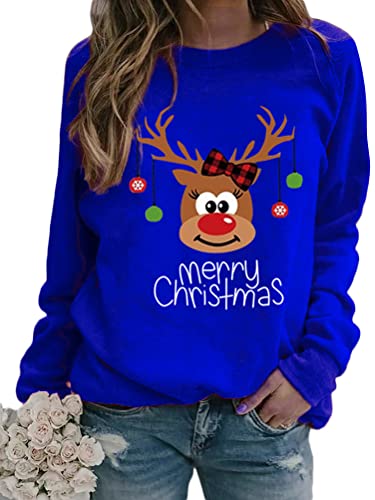 Onsoyours Damen Baumwolle Lange Ärmel Pullover Rudolph Rentier Elfe Weihnachtspullover Kapuzenpullover Weihnachts Xmas Pulli Shirt Christmas Sweatshirt Blau M von Onsoyours