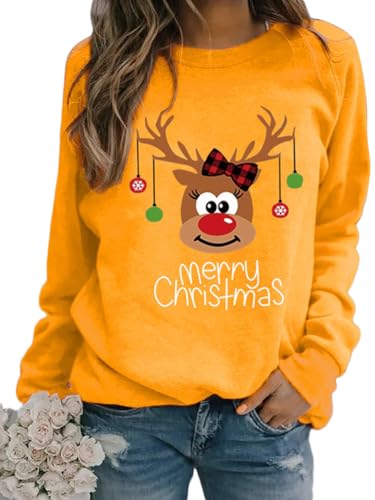 Onsoyours Damen Baumwolle Lange Ärmel Pullover Rudolph Rentier Elfe Weihnachtspullover Kapuzenpullover Weihnachts Xmas Pulli Shirt Christmas Sweatshirt Gelb M von Onsoyours