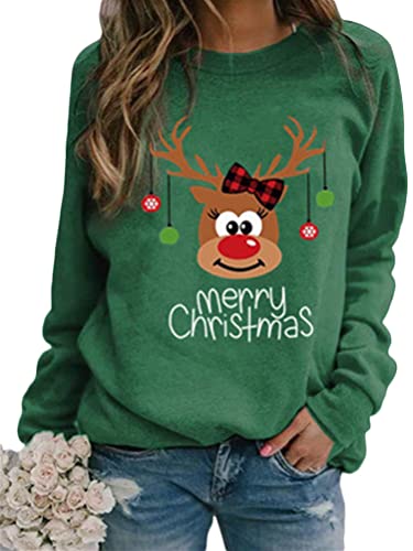 Onsoyours Damen Baumwolle Lange Ärmel Pullover Rudolph Rentier Elfe Weihnachtspullover Kapuzenpullover Weihnachts Xmas Pulli Shirt Christmas Sweatshirt Grün 3XL von Onsoyours