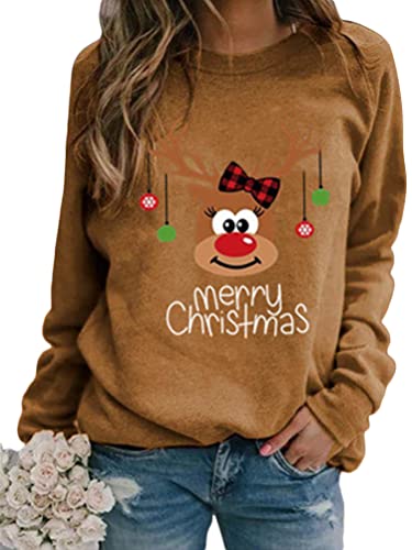 Onsoyours Damen Baumwolle Lange Ärmel Pullover Rudolph Rentier Elfe Weihnachtspullover Kapuzenpullover Weihnachts Xmas Pulli Shirt Christmas Sweatshirt Khaki XL von Onsoyours