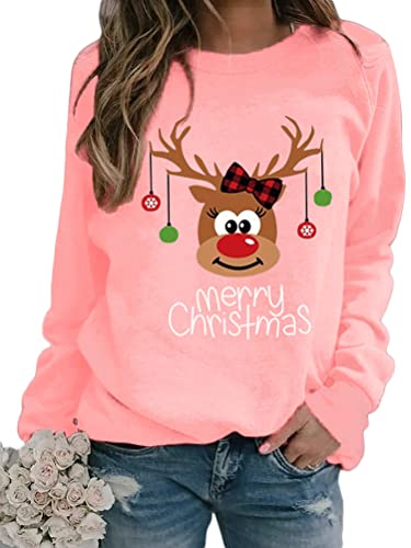 Onsoyours Damen Baumwolle Lange Ärmel Pullover Rudolph Rentier Elfe Weihnachtspullover Kapuzenpullover Weihnachts Xmas Pulli Shirt Christmas Sweatshirt Rosa M von Onsoyours
