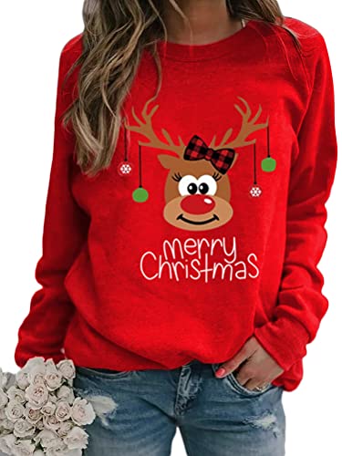 Onsoyours Damen Baumwolle Lange Ärmel Pullover Rudolph Rentier Elfe Weihnachtspullover Kapuzenpullover Weihnachts Xmas Pulli Shirt Christmas Sweatshirt Rot XS von Onsoyours