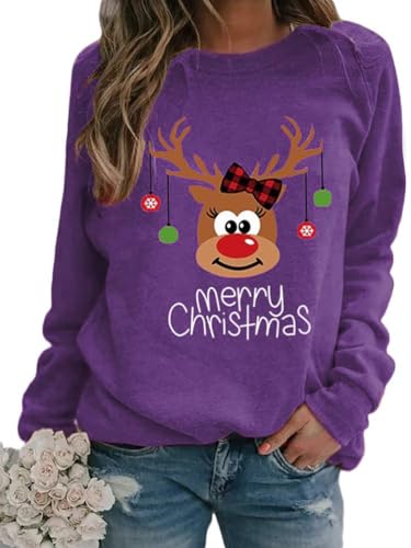 Onsoyours Damen Baumwolle Lange Ärmel Pullover Rudolph Rentier Elfe Weihnachtspullover Kapuzenpullover Weihnachts Xmas Pulli Shirt Christmas Sweatshirt Violett XS von Onsoyours