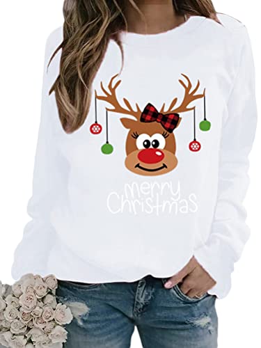 Onsoyours Damen Baumwolle Lange Ärmel Pullover Rudolph Rentier Elfe Weihnachtspullover Kapuzenpullover Weihnachts Xmas Pulli Shirt Christmas Sweatshirt Weiß 3XL von Onsoyours