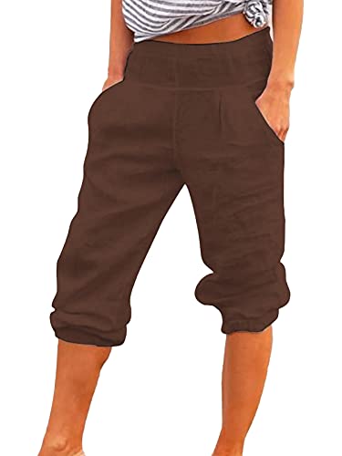 Onsoyours Damen Baumwolle Leinen Capri Hose Sommer Leicht 3/4 Länge Kurze Chino Hose Lässig Einfarbig Strandshorts Stoffhose Freizeithose Baggy Z4 Braun L von Onsoyours