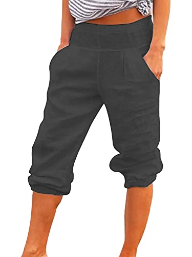 Onsoyours Damen Baumwolle Leinen Capri Hose Sommer Leicht 3/4 Länge Kurze Chino Hose Lässig Einfarbig Strandshorts Stoffhose Freizeithose Baggy Z4 Grau L von Onsoyours