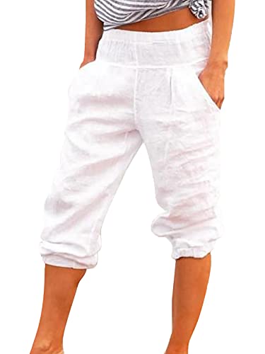 Onsoyours Damen Baumwolle Leinen Capri Hose Sommer Leicht 3/4 Länge Kurze Chino Hose Lässig Einfarbig Strandshorts Stoffhose Freizeithose Baggy Z4 Weiß S von Onsoyours