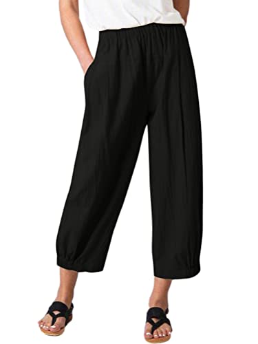 Onsoyours Damen Baumwolle Leinen Capri Hose Sommer Leicht 3/4 Länge Kurze Chino Hose Lässig Einfarbig Strandshorts Stoffhose Freizeithose Baggy Z8 Schwarz XL von Onsoyours