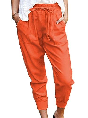 Onsoyours Damen Baumwolle Leinen Capri Hose Sommer Leicht 7/8 Länge Kurze Chino Hose Lässig Einfarbig Strandshorts Stoffhose Freizeithose Baggy Z5 Orange XXL von Onsoyours