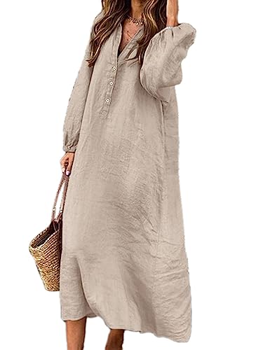Onsoyours Damen Baumwolle Leinen Lange Kleid mit Knopfleiste Langarm V-Ausschnitt Freizeitkleid Strandkleider Boho Kleid mit Taschen Herbst Rundhals Einfarbig Maxikleid B Khaki L von Onsoyours