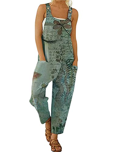 Onsoyours Damen Baumwolle Leinen Latzhose Beiläufig Boho Blumendruck Hosen Rompers Retro Lose Lange Jumpsuit mit Tasche Strampler Overall Wide Leg Playsuit A Grau Blau M von Onsoyours