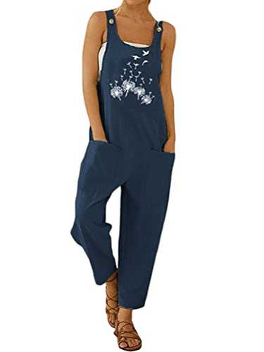 Onsoyours Damen Baumwolle Leinen Latzhose Beiläufig Boho Blumendruck Hosen Rompers Retro Lose Lange Jumpsuit mit Tasche Strampler Overall Wide Leg Playsuit C Dunkelblau XL von Onsoyours