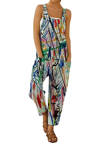 Onsoyours Damen Baumwolle Leinen Latzhose Beiläufig Boho Blumendruck Hosen Rompers Retro Lose Lange Jumpsuit mit Tasche Strampler Overall Wide Leg Playsuit C Graffiti M von Onsoyours
