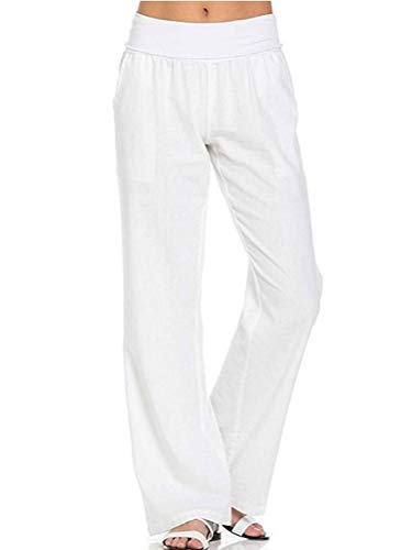 Onsoyours Damen Baumwolle Leinenhose Bequem Einfarbig Freizeithose Leicht High Waist mit Gummizug Strandhose Beiläufig Weich Haremshose Weiß L von Onsoyours