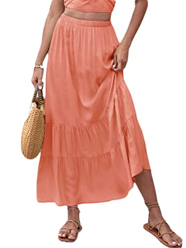 Onsoyours Damen Baumwolle Sommerrock Boho Flowy Maxi Langer Rock Elastische Taille Unifarben Strandrock Rüsche Long Skirt A Rosa L von Onsoyours