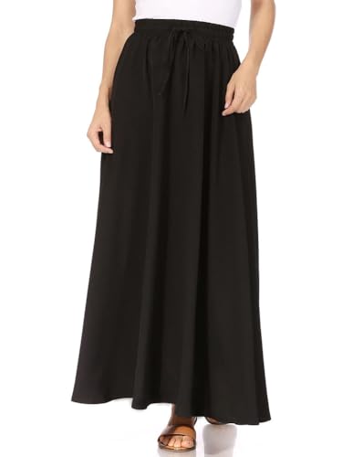 Onsoyours Damen Baumwolle Sommerrock Boho Flowy Maxi Langer Rock Elastische Taille Unifarben Strandrock Rüsche Long Skirt C Schwarz XL von Onsoyours