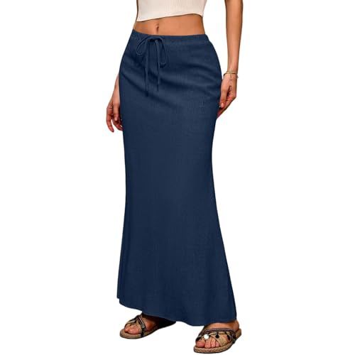 Onsoyours Damen Baumwollrock Sommer Einfarbig Rock mit Schlitz am Rücken Lang Freizeitrock A-Linie Rock Maxirock Strandrock A Marineblau M von Onsoyours