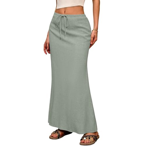 Onsoyours Damen Baumwollrock Sommer Einfarbig Rock mit Schlitz am Rücken Lang Freizeitrock A-Linie Rock Maxirock Strandrock A Matcha-Grün M von Onsoyours