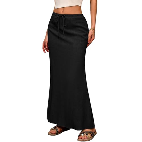 Onsoyours Damen Baumwollrock Sommer Einfarbig Rock mit Schlitz am Rücken Lang Freizeitrock A-Linie Rock Maxirock Strandrock A Schwarz XXL von Onsoyours