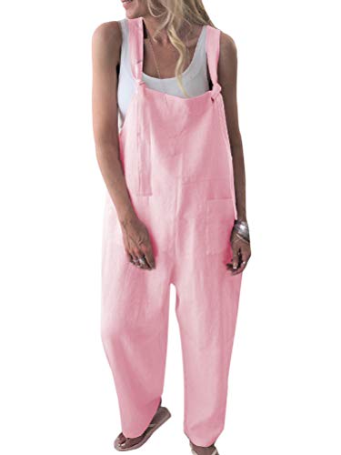 Onsoyours Damen Beiläufig Latzhose Jumpsuits Bib Hose Leinen Casual Loose Overall Lange Wide Leg Hosen A Rosa DE 42 von Onsoyours