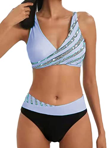 Onsoyours Damen Bikini Set Elegante Zweiteilige Streifen Pailletten Push Up Badebekleidung Hoch Geschnittener Bikini Weicher Bequemer Schulterfreier Badeanzug Sommer A Hellblau XL von Onsoyours