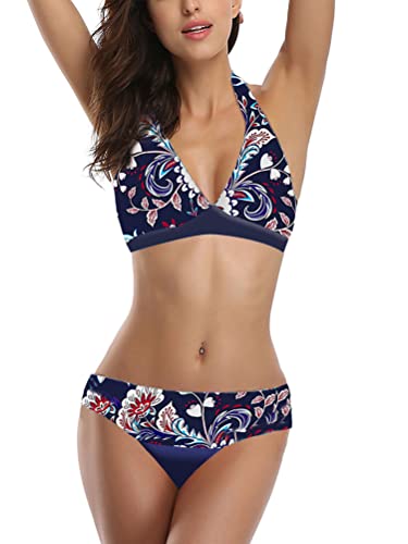 Onsoyours Damen Bikini Set High Waist Push Up Triangel Badeanzug Strand Ties Zweiteiliger Bademode Bikinihose Blumenmuster Swimsuit Blau M von Onsoyours